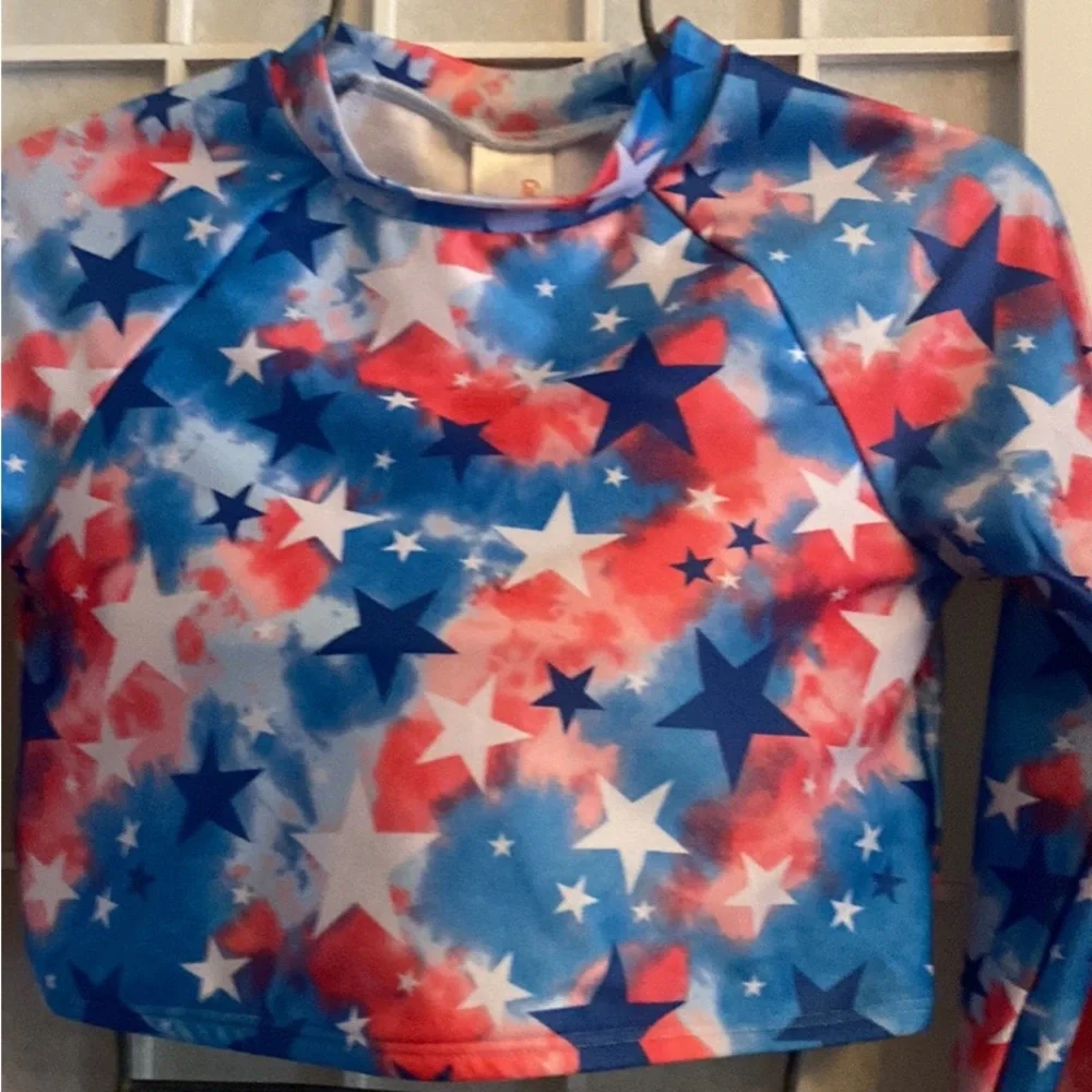 Kids Long-Sleeve Two-Piece Swim Set - Red, White & Blue Star Print